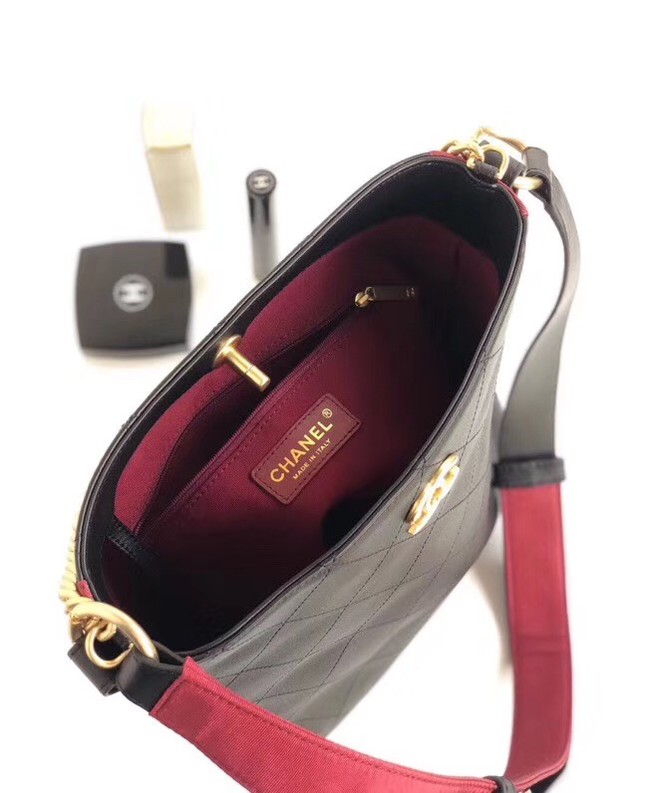 Chanel Hobo Handbag Calfskin Grosgrain & Gold Tone Metal A57576 black