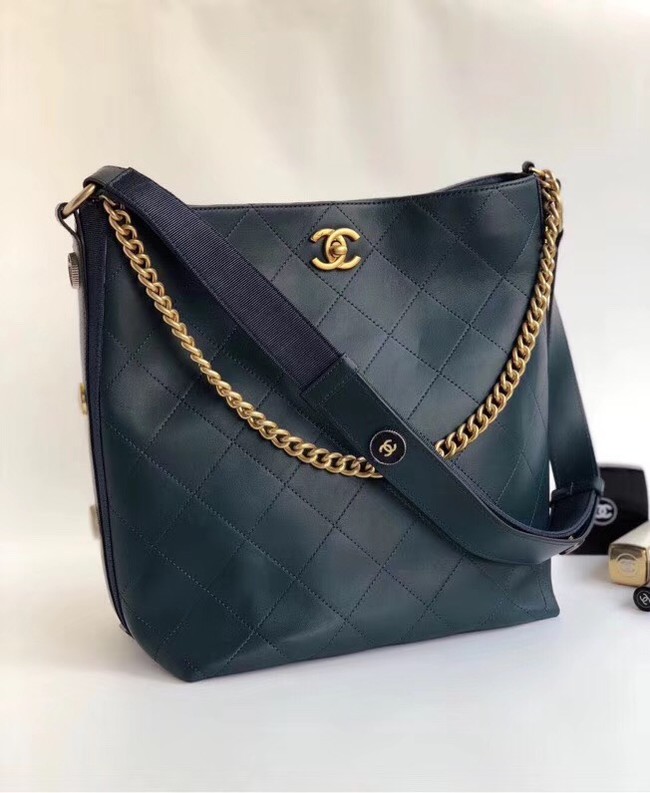 Chanel Hobo Handbag Calfskin Grosgrain & Gold Tone Metal A57576 blue