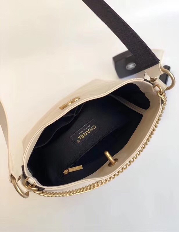 Chanel Hobo Handbag Calfskin Grosgrain & Gold Tone Metal A57576 white