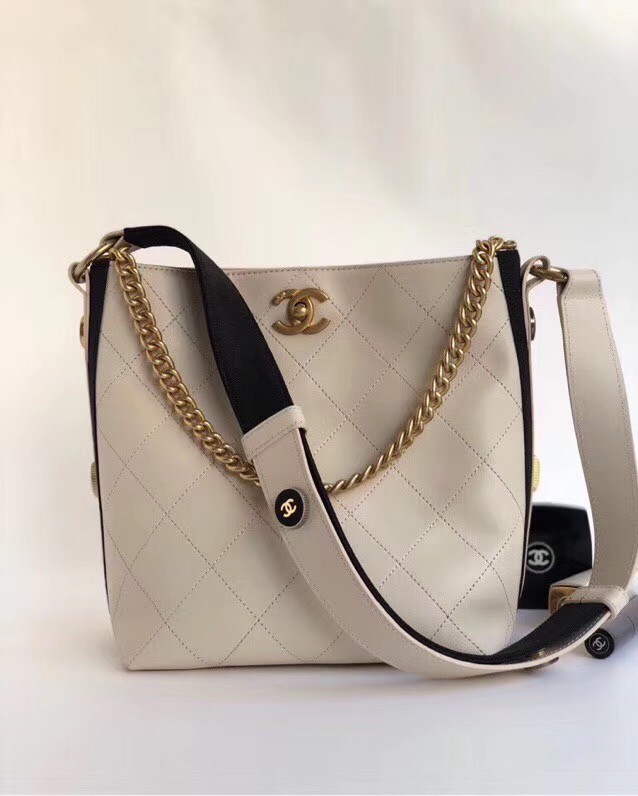 Chanel Hobo Handbag Calfskin Grosgrain & Gold Tone Metal A57576 white
