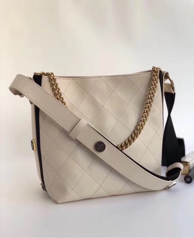 Chanel Hobo Handbag Calfskin Grosgrain & Gold Tone Metal A57576 white