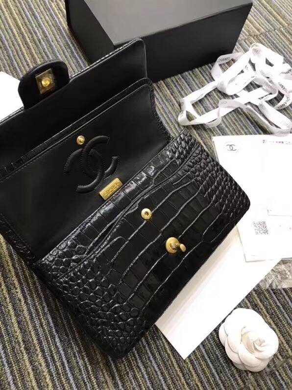 Chanel Classic Handbag Original Alligator & Gold-Tone Metal A01112 black