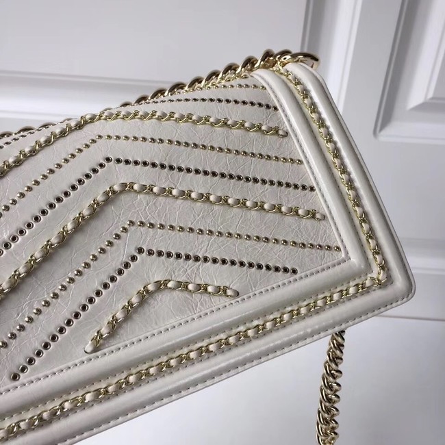 BOY CHANEL Handbag Crumpled Calfskin & Gold-Tone Metal A67086 white