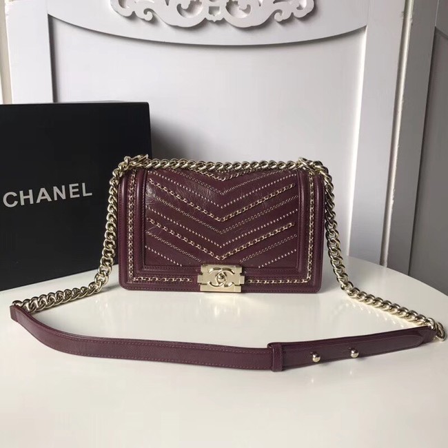 BOY CHANEL Handbag Crumpled Calfskin & Gold-Tone Metal A67086 Burgundy