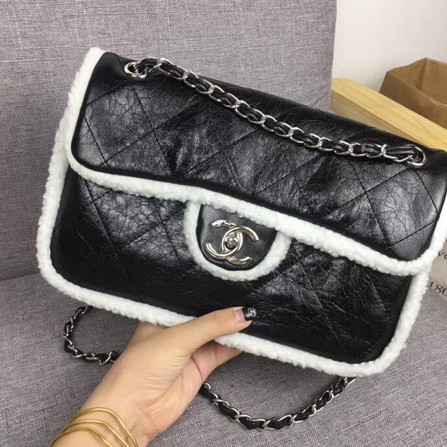 Chanel Flap Bag Shearling Lambskin & silver-Tone Metal 3378 black&white