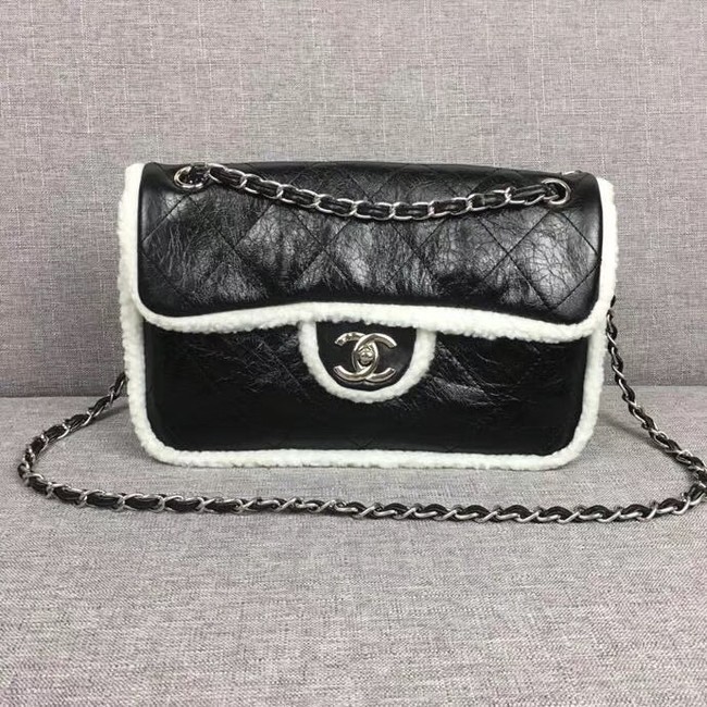 Chanel Flap Bag Shearling Lambskin & silver-Tone Metal 3378 black&white