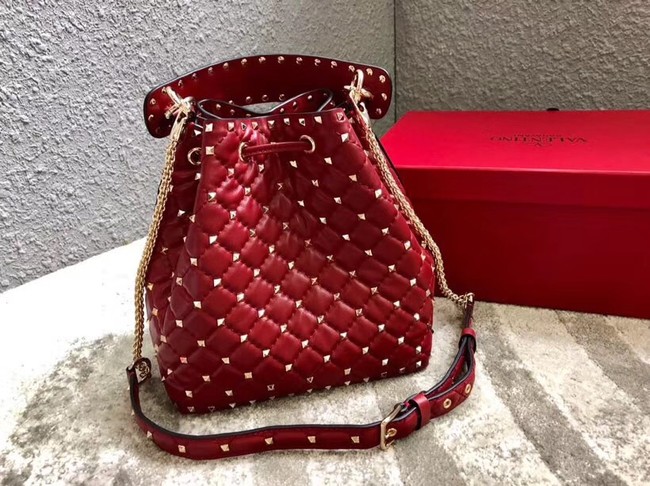 VALENTINO Rockstud leather bucket bag 0059L red