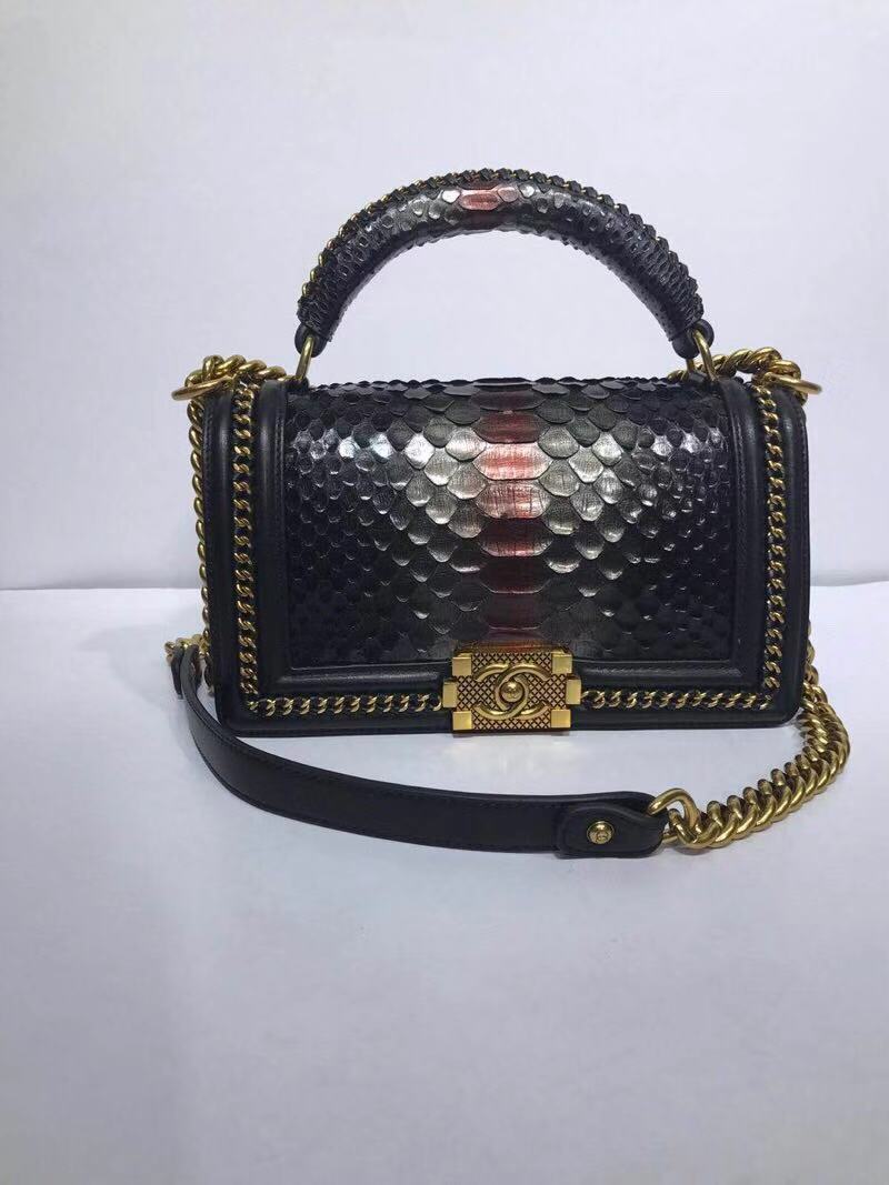 BOY CHANEL Flap Bag with Handle Python & Ruthenium-Finish Metal A94804 black