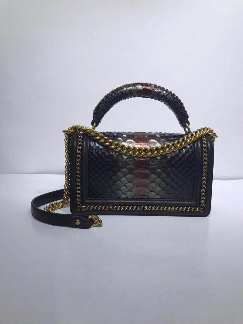 BOY CHANEL Flap Bag with Handle Python & Ruthenium-Finish Metal A94804 black