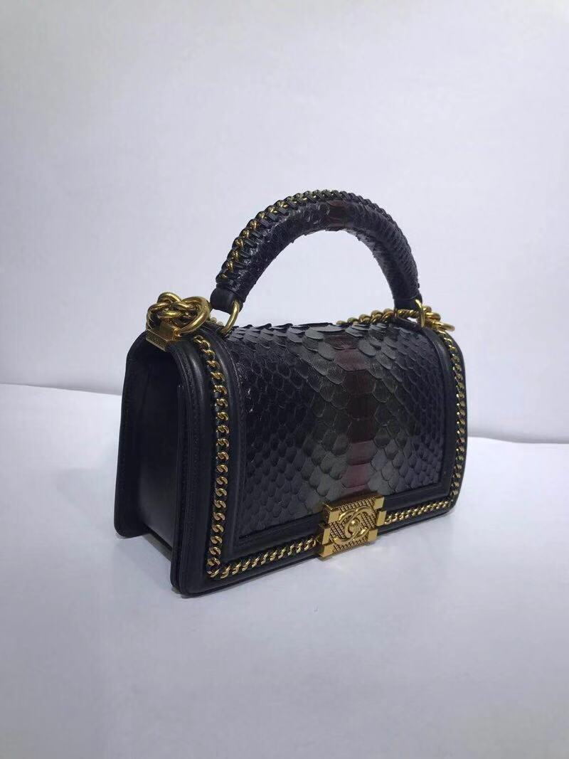 BOY CHANEL Flap Bag with Handle Python & Ruthenium-Finish Metal A94804 black