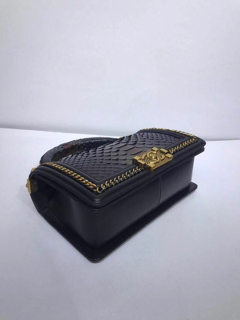 BOY CHANEL Flap Bag with Handle Python & Ruthenium-Finish Metal A94804 black