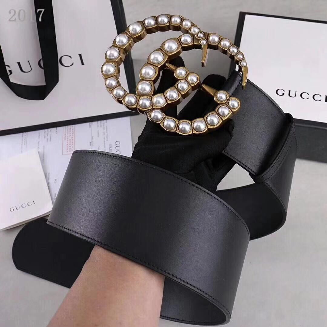 Gucci Wide leather belt with pearl Double G 453261 black