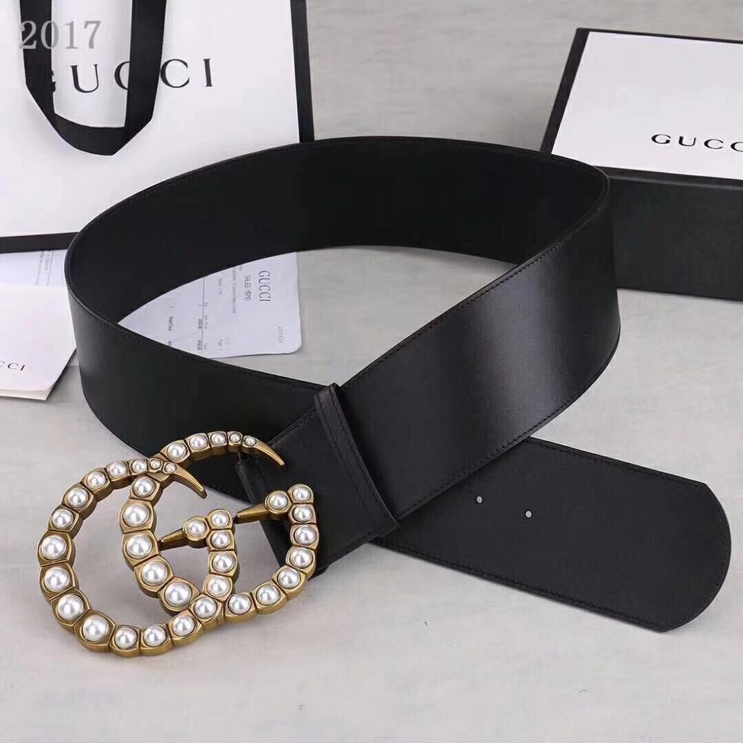 Gucci Wide leather belt with pearl Double G 453261 black
