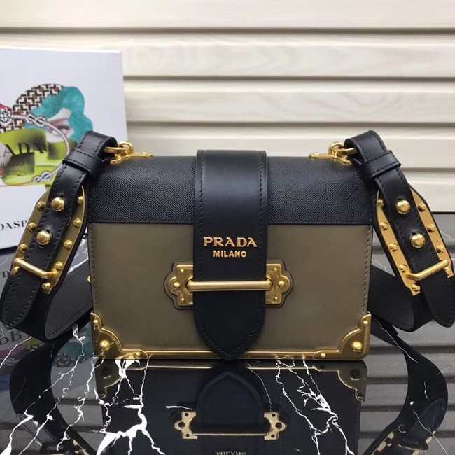 Prada Cahier leather shoulder bag 1BD045 Khaki&black