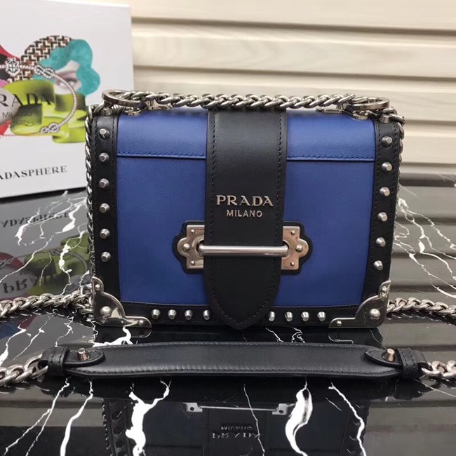 Prada Cahier studded leather bag 1BD045-1 blue&black