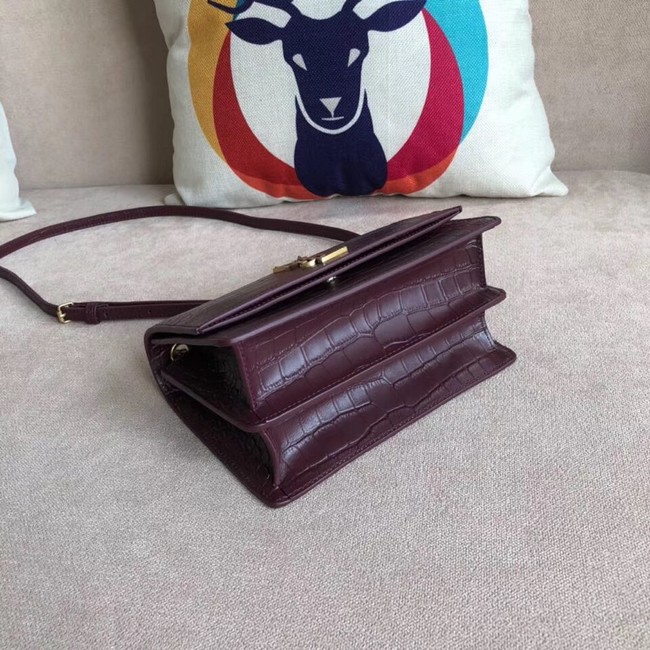 SAINT LAURENT Sunset croc-embossed leather cross-body bag 6781 Burgundy