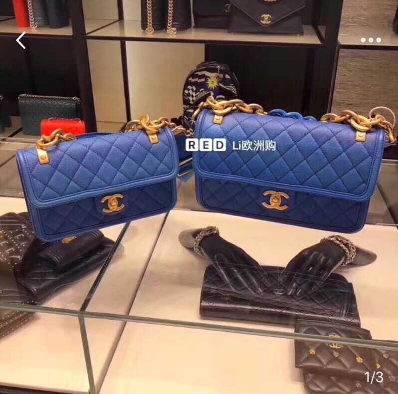 Chanel flap bag Grained Calfskin Resin & Gold-Tone Metal AS0061 blue