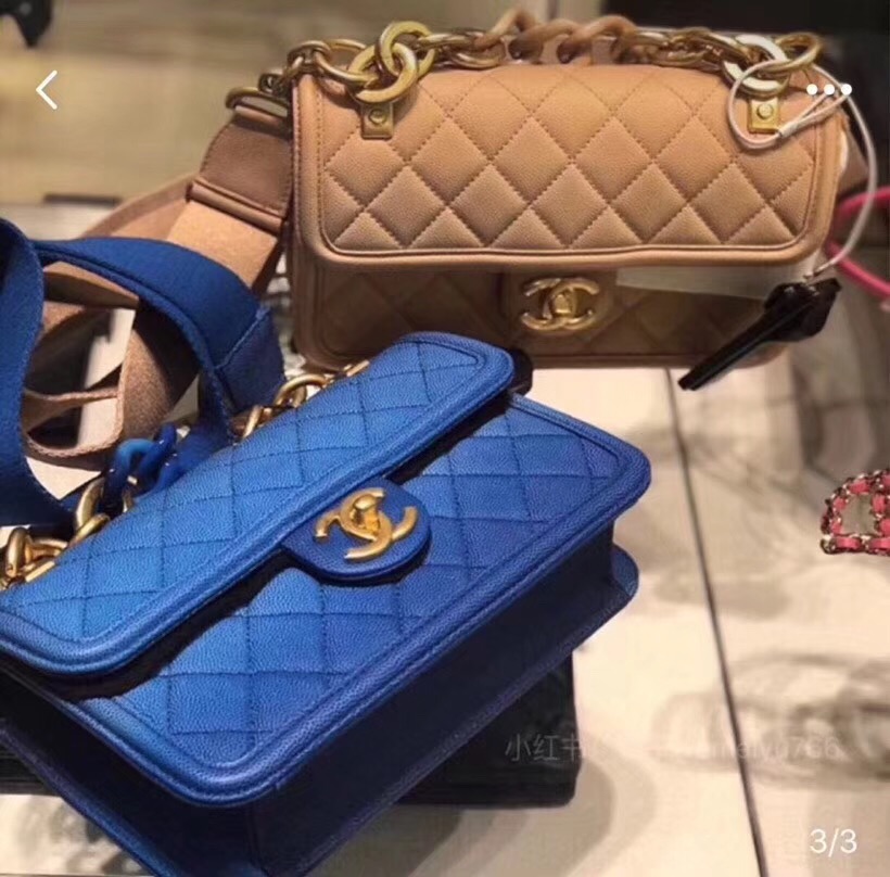 Chanel flap bag Grained Calfskin Resin & Gold-Tone Metal AS0061 blue