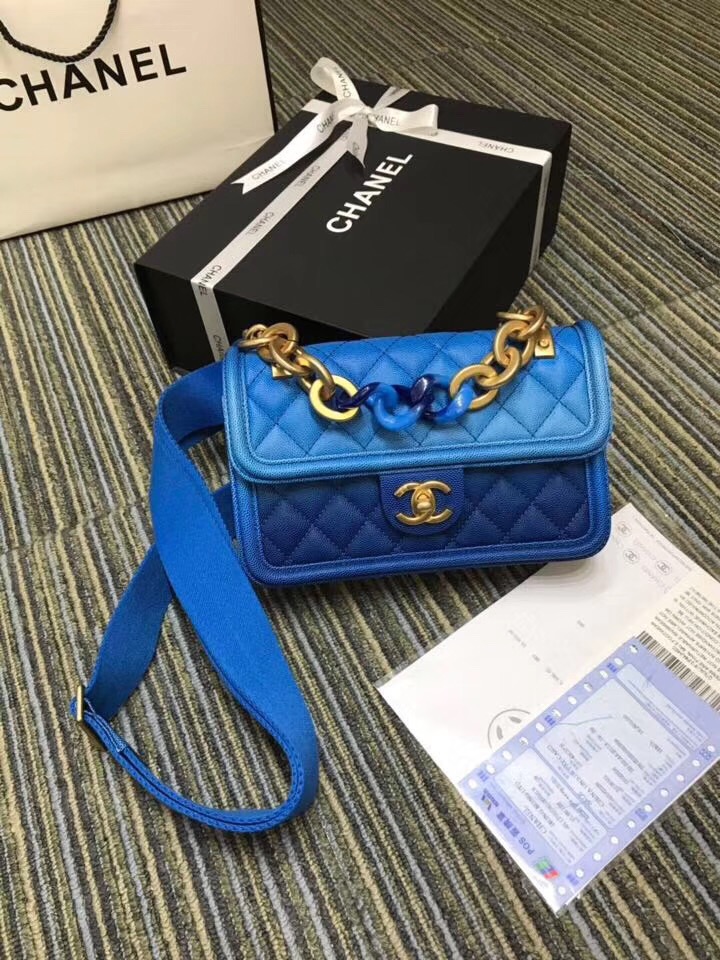 Chanel flap bag Grained Calfskin Resin & Gold-Tone Metal AS0061 blue