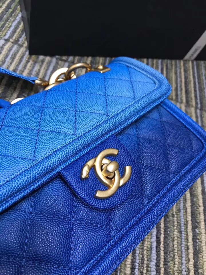 Chanel flap bag Grained Calfskin Resin & Gold-Tone Metal AS0061 blue