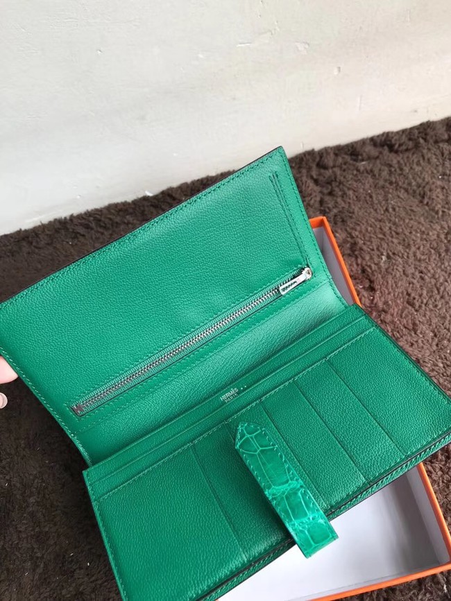 Hermes 100% genuine crocodile leather kelly Wallet 33569 green