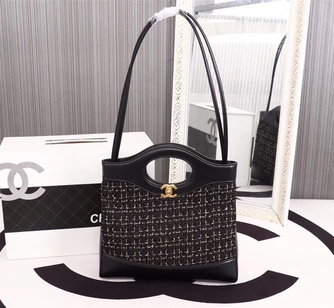 Chanel 31 large shopping bag Calfskin Tweed & Gold-Tone Metal A57977 black