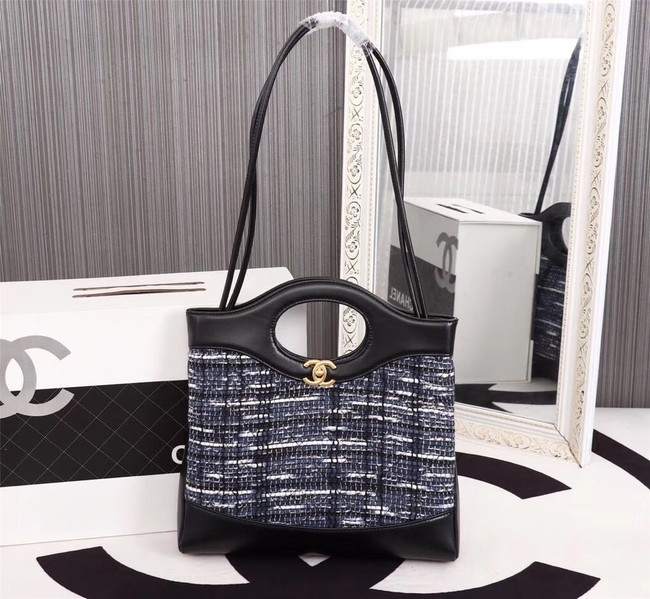 Chanel 31 large shopping bag Calfskin Tweed & Gold-Tone Metal A57977 dark blue&black