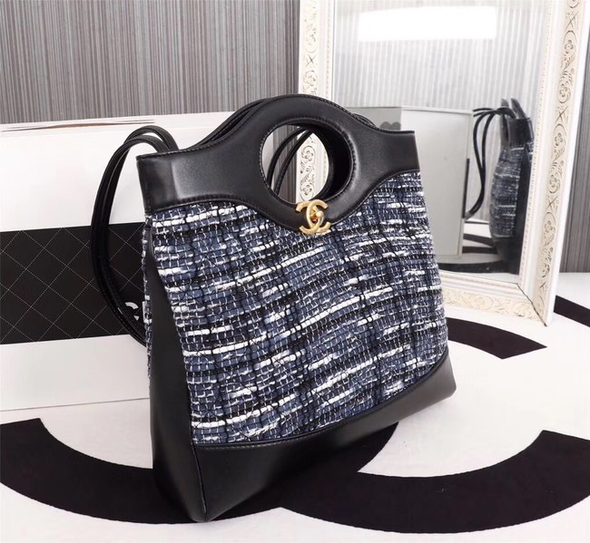 Chanel 31 large shopping bag Calfskin Tweed & Gold-Tone Metal A57977 dark blue&black