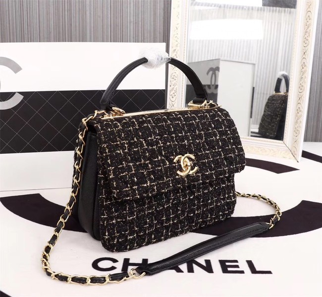 Chanel Calfskin Tweed & Gold-Tone Metal Tote Bag 36982 black