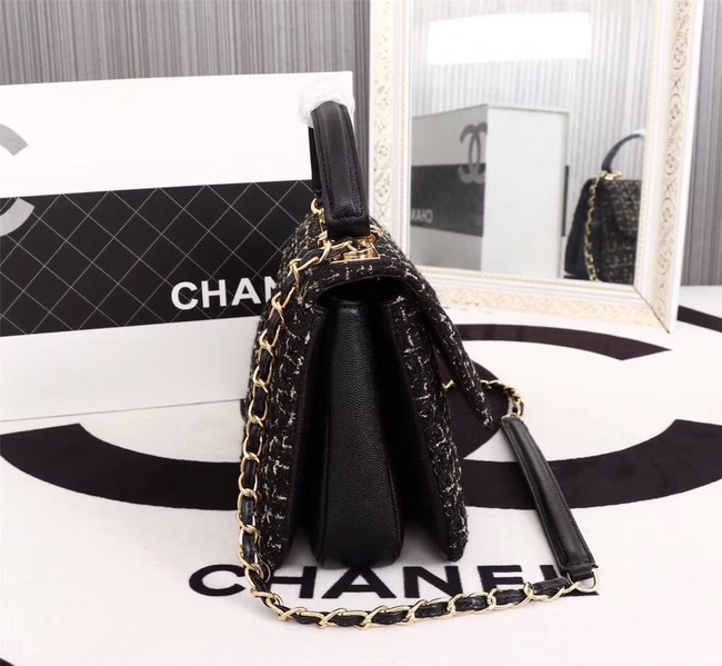 Chanel Calfskin Tweed & Gold-Tone Metal Tote Bag 36982 black