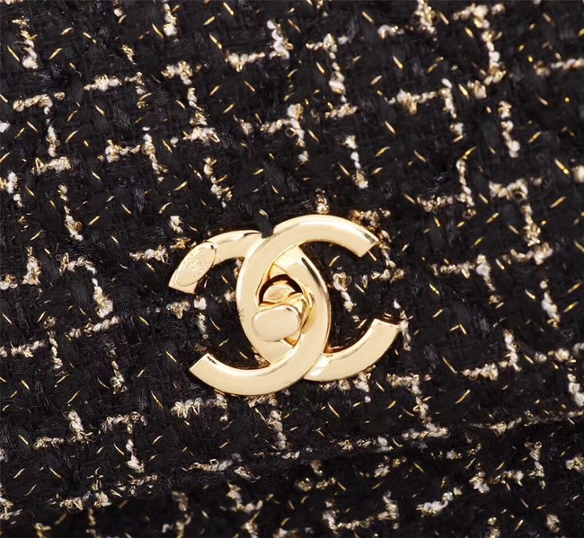 Chanel Calfskin Tweed & Gold-Tone Metal Tote Bag 36982 black