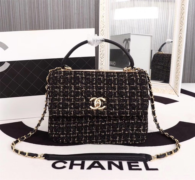 Chanel Calfskin Tweed & Gold-Tone Metal Tote Bag 36982 black