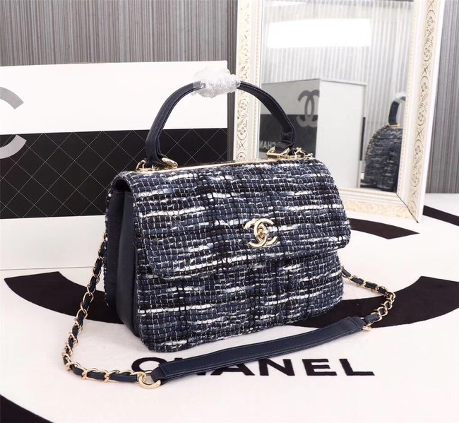 Chanel Calfskin Tweed & Gold-Tone Metal Tote Bag 36982 dark blue