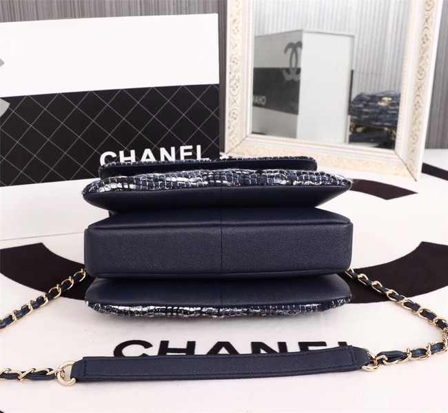 Chanel Calfskin Tweed & Gold-Tone Metal Tote Bag 36982 dark blue