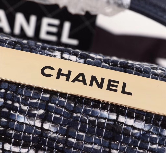 Chanel Calfskin Tweed & Gold-Tone Metal Tote Bag 36982 dark blue