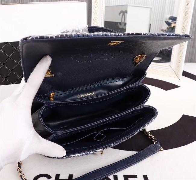 Chanel Calfskin Tweed & Gold-Tone Metal Tote Bag 36982 dark blue