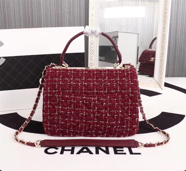 Chanel Calfskin Tweed & Gold-Tone Metal Tote Bag 36982 red