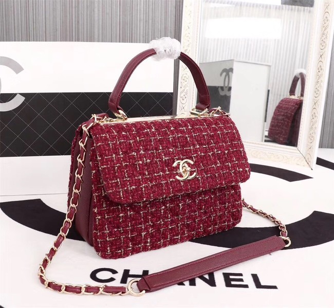 Chanel Calfskin Tweed & Gold-Tone Metal Tote Bag 36982 red