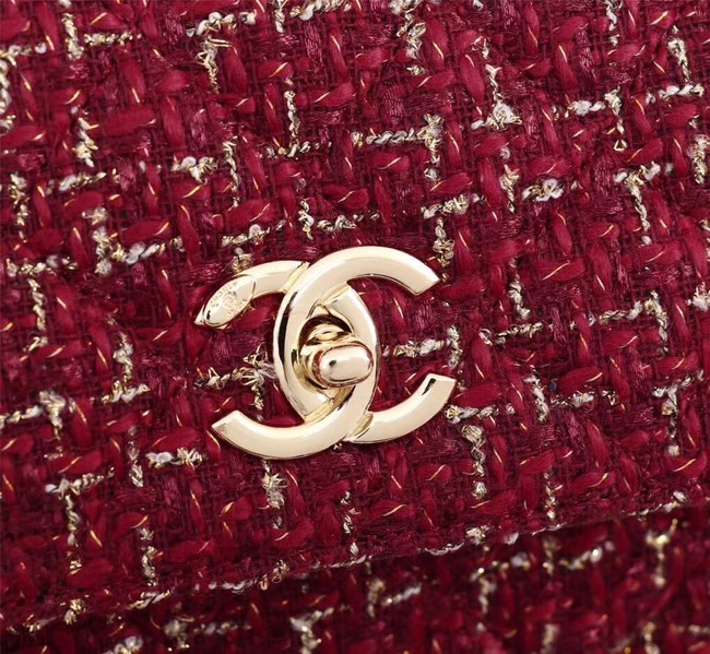 Chanel Calfskin Tweed & Gold-Tone Metal Tote Bag 36982 red