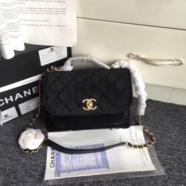 Chanel flap bag Calfskin & Gold-Tone 69878 black suede