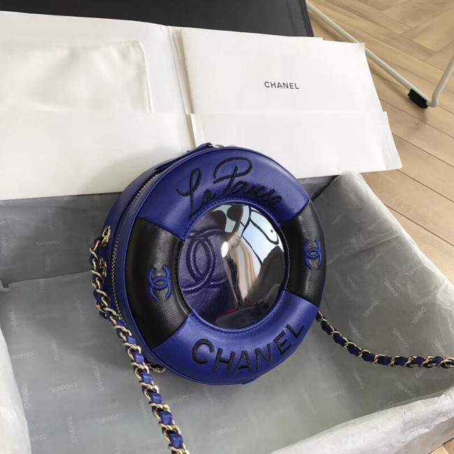 Chanel Lambskin & Gold-Tone Metal small round bag AS0209 blue