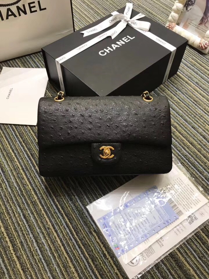 Chanel classic handbag ostrich A01112 black