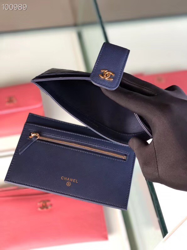 Chanel classic pouch Grained Calfskin & Gold-Tone Metal A81902 blue