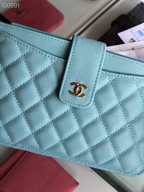 Chanel classic pouch Grained Calfskin & Gold-Tone Metal A81902 sky blue