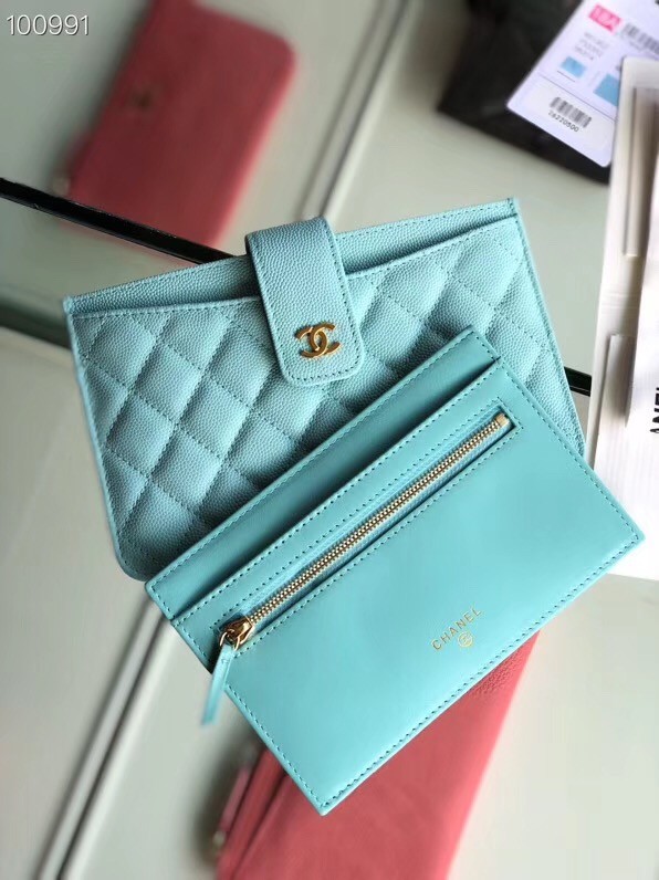 Chanel classic pouch Grained Calfskin & Gold-Tone Metal A81902 sky blue