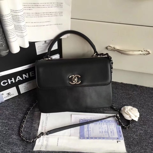 Chanel Original small flap bag with top handle A92236 black Calfskin & Ruthenium-Finish Metal