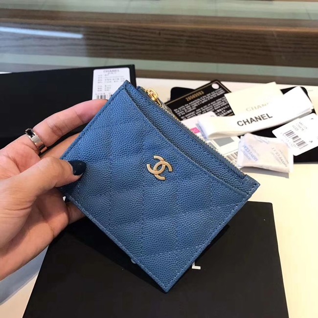 Chanel Coin Purse Metallic Grained Lambskin & gold-Tone Metal A68996 blue