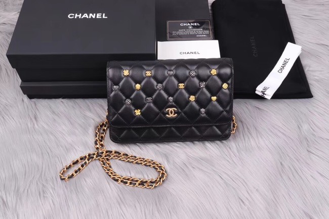 Chanel wallet on chain Lambskin & Gold-Tone Metal A81618 black