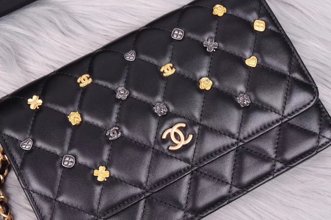 Chanel wallet on chain Lambskin & Gold-Tone Metal A81618 black