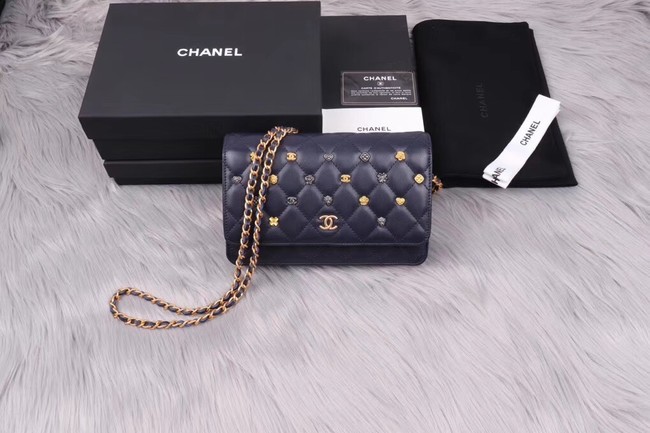 Chanel wallet on chain Lambskin & Gold-Tone Metal A81618 dark blue